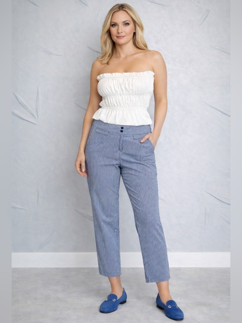 LN Anne Klein SZ 10 Seersucker Navy/White Pants/waist 34”